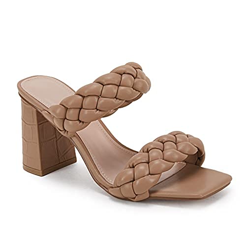 SyktkmxWomens Braided Heeled Sandals Backless Square Open Toe Block Strappy Slip On Slide Shoes, 1-light Brown, 8