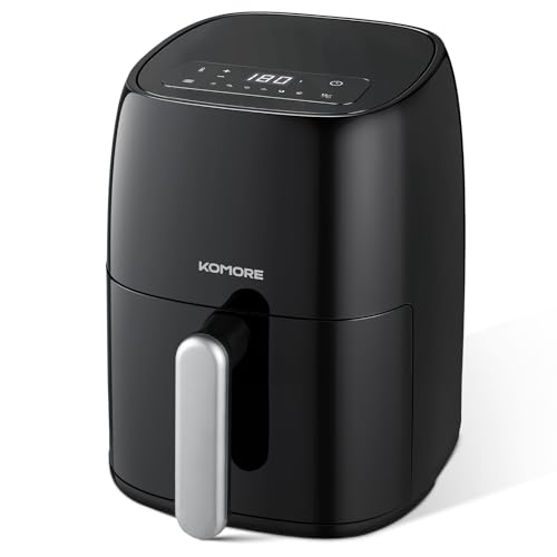 KOMORE Digital Air Fryer 4.2L, 1500W 6-in-1 Compact AirFryer with Touch Screen, Timing, Oil-Free, Air Fry, Extra Crisp, Roast, Bake, Reheat, Non-Stick, Dishwasher Safe, Black