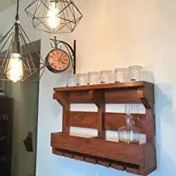 Indigo interiors Wooden Wall Hanging Design Bar | Sheesham Wood Bar for Wall | Small Bar for Home | Solid Wood Make Wine Storage Cabinet with Glass Hanging Space-Natural Finish