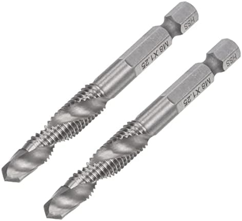 uxcell Combination Drill and Tap Bit, 1/4" Hex Shank M8 x 1.25 Metric Uncoated High Speed Steel 4341 Spiral Flute Drilling Tapping Tool Extra Long 2pcs