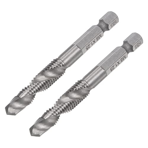 Uxcell Combination Drill And Tap Bit, 1/4" Hex Shank M8 X 1.25 Metric Uncoated High Speed Steel 4341 Spiral Flute Drilling Tapping Tool Extra Long 2Pcs #TOP17