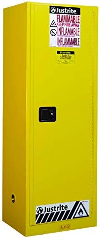 Justrite 892220 Sure-Grip EX 22 Gallon, 65" H x 23-1/4" W x 18" D, 1 Door, 3 Shelf, Self-Close Yellow Slimline Flammable Storage Cabinet