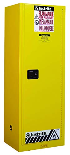Justrite 892220 Sure-Grip Ex 22 Gallon, 65" H X 23-1/4" W X 18" D, 1 Door, 3 Shelf, Self-Close Yellow Slimline Flammable Storage Cabinet #TOP22