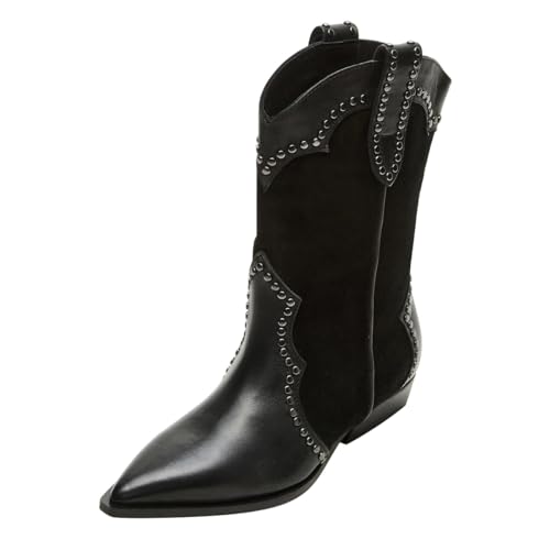 FOWT Women Pointed Toe Mid Calf Boots Pull on Rivet Studded Chelsea Chunky Low Heel Casual Fashion Shoes Size 4-16 US