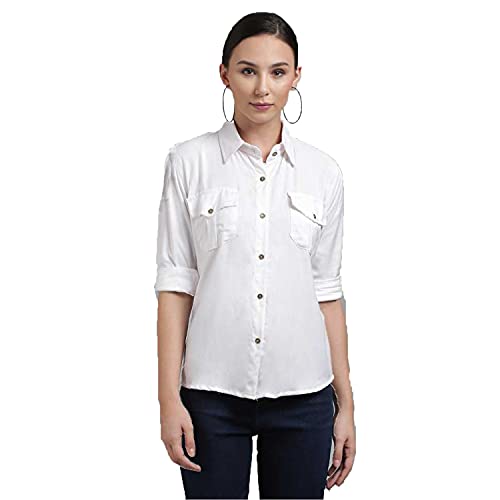 Image of C.Cozami Women's Casual Long Sleeves Double Pocket Rayon Shirts for Women (White, X-Large)