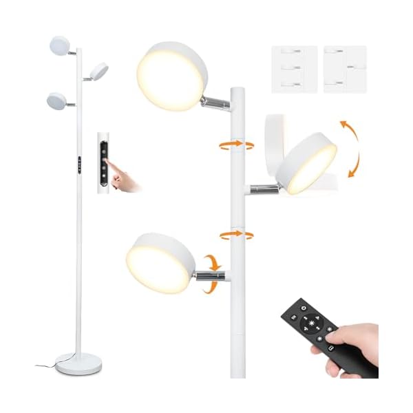 White Floor Lamp, Tall Standing Lamps with Remote & Touch Control Timer, 30W Tree Floor Lamp LED with 3 Rotatable Light, 4 Color Temperatures Lamps for Reading Living Room Office Bedroom
