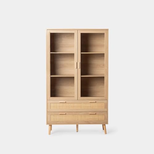 KLAST Vitrina en Madera y ratán Natural con Dos Puertas acristaladas, Tres estantes y Dos cajones para Almacenamiento. Medidas: 100 cm x 170 cm - imagen 3