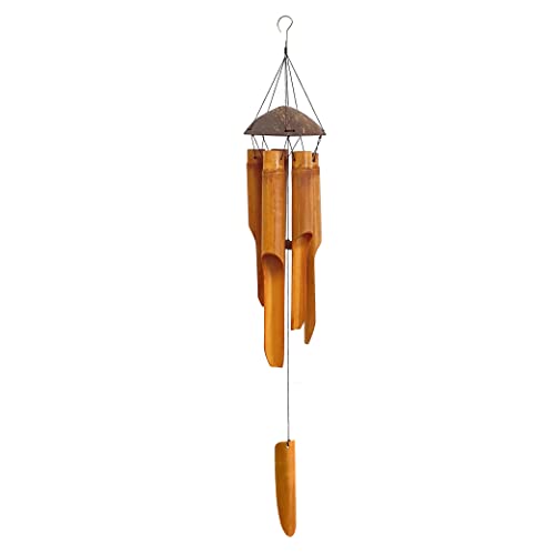 Handmade Wind Chimes 5 Bamboo Bell Tubes, Half Coconut Wood Top, Low Deep Tone Wooden Chimes Outdoor Indoor Home Décor 25 Inch #TOP2