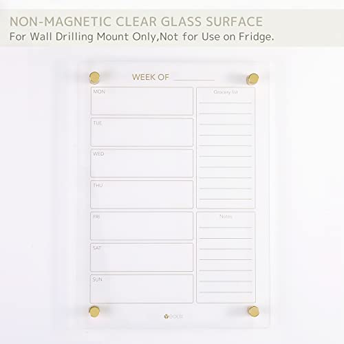 Clear Glass Weekly Dry Erase Calendar & Menu Non-Magnetic Whiteboard For Wall, Meal Plan & Grocery List White Board For Kitchen, 15X11", 7 Days Home Planner, 4 Wet Erase Markers Included, Yeoux #TOP1