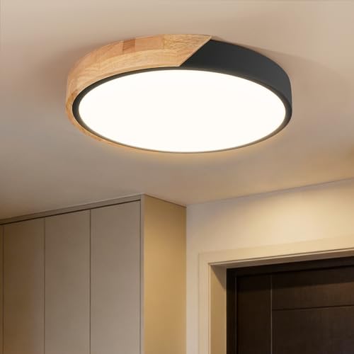 Image of 11.8 Inch Wood LED Flush Mount Ceiling Light 3000K, Black