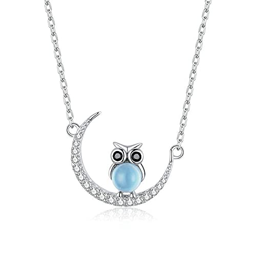 Collier lune et hibou en argent 925 plaqué platine pour femme