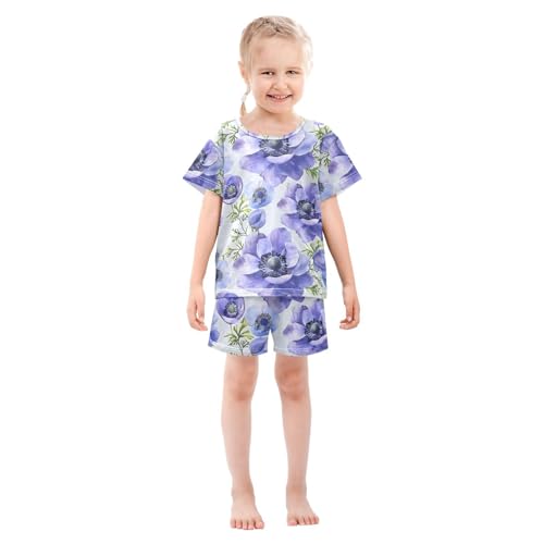 ALAZA Anemone Flower Pajamas Set Short Sleeve Cotton Sleepwear Summer Pjs 2 Piece 5-14Y3
