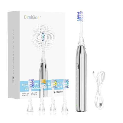 OralGos Escova de Dentes Elétrica Adulto, Vibração Sônica para Limpeza Profunda, Múltiplos Modos de Escovação, Recarregável USB, com 3 Cabeças Substituíveis, Cuidado e Proteção da Gengiva (Prata)