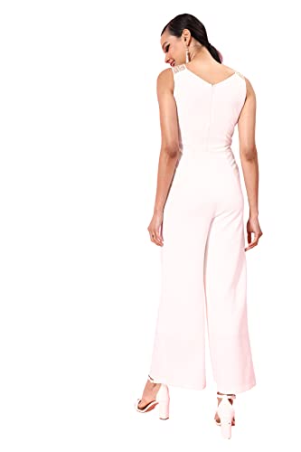 Image of Miss Chase Women's Off-White Solid Regular Length V-Neck Sleeveless Wide Leg Embellished Jumpsuit
