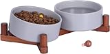 Ceramic Dog Bowl and Cat Bowls Set with 15° Adjustable Wood Stand, Non-Slip Weighted Pet Food and Water Bowls, Dual Raised Feeder for Small Dogs, Matte Glaze Pet Dish 13.5oz Set of 2 (Gray & Chestnut)