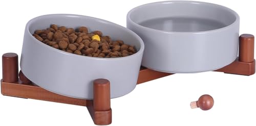Ceramic Dog Bowl and Cat Bowls Set with 15° Adjustable Wood Stand, Non-Slip Weighted Pet Food and Water Bowls, Dual Raised Feeder for Small Dogs, Matte Glaze Pet Dish 13.5oz Set of 2 (Gray & Chestnut)