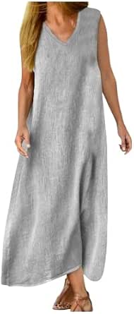 Mingyuezai Women's Sleeveless Linen Maxi Dress With Pockets - Casual Long Summer Dress