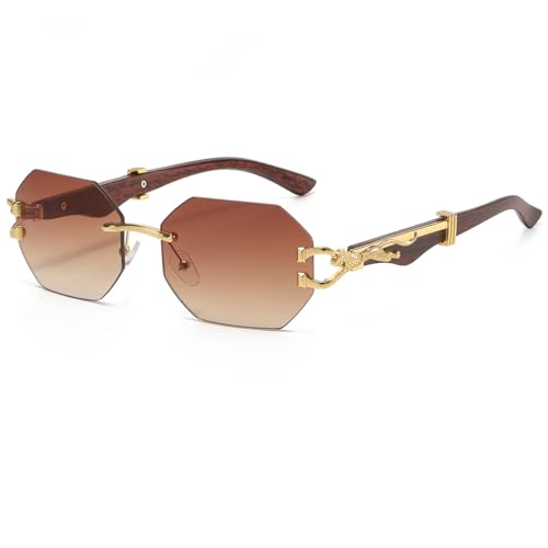 Image of Laurinny Retro Rimless Sunglasses for Women Men Polygon Gold Metal Frameless Rectangle Square Sun Glass(Gold/Gradient Brown)