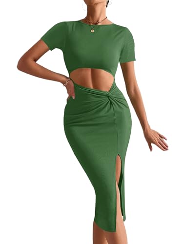 Image of Rooscier Women's Twist Cutout Waist Split Crewneck Short Sleeve Bodycon Midi Dress