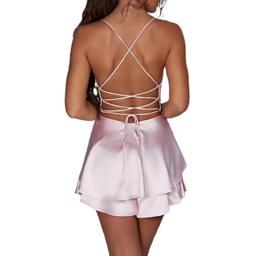 Women's Sexy Satin Mini Dress Sleeveless Tie Backless Cowl Neck Cocktail Party Silk Mini Cami Dress4