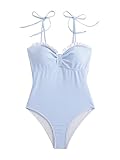Verdusa Women's Striped Tie Shoulder One Piece Swimsuit Ruched Bust Summer Vacation Bathing Suit Blue and White Small