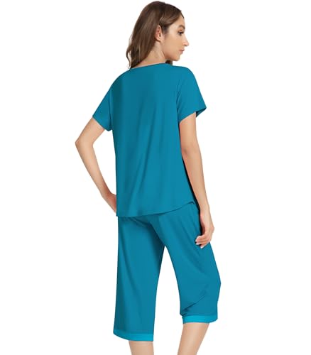 Image of NACHILA Bamboo Viscose Capri Pajamas for Women Cooling Short Sleeve Pjs | 2 Piece Summer Sleepwear with Pockets, Soft Loungewear, Moisture-Wicking Lounge Set, Lace Trim, V Neck, Drawstring