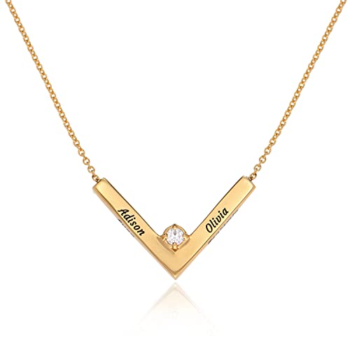 Myka- Personalized 3D V-Bar Necklace With Up To 6 Custom Engraves / With Or Without Diamond / Sterling Silver, Gold Plaed, Rose Gold, Gold Vermeil / Gift For Woman For Mother's Day, Birthday (18K Gold Vermeil With Diamond) #TOP13