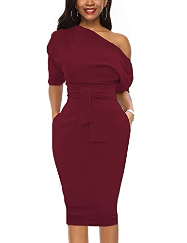 Image of Nature Comfy Elegant Womens Wear to Work One Shoulder Belted Pencil Dress