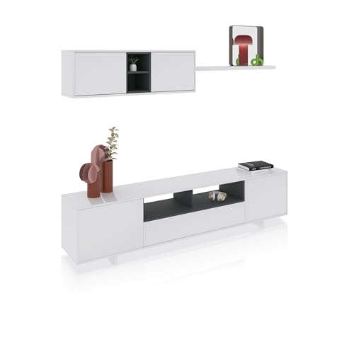 duehome | Mueble de Salon Moderno, Modulos Comedor, Modelo Kenzo, Acabado en Blanco Brillo y Gris Antracita, Medidas: 200 cm (Ancho) x 41 cm (Fondo) x 46 cm (Alto)