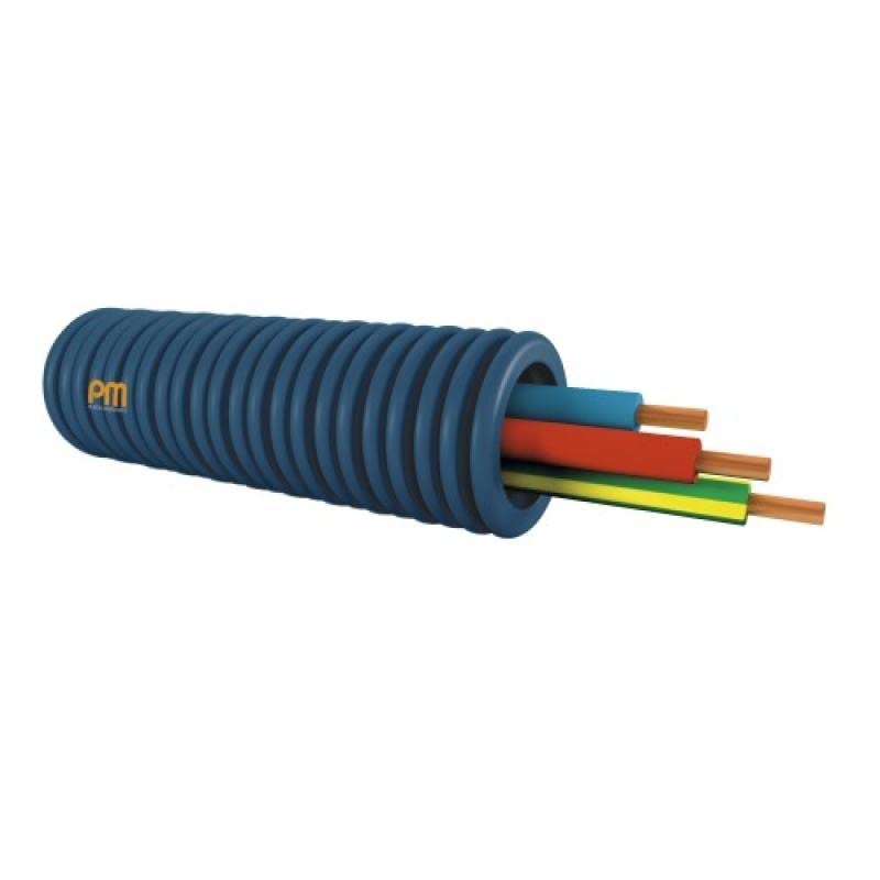 PM Plastic Materials Gaine Électrique Précâblée 3x25 mm² Ø 16 mm H07VU Bleu/Noir/Vert/Jaune Couronne 100 m