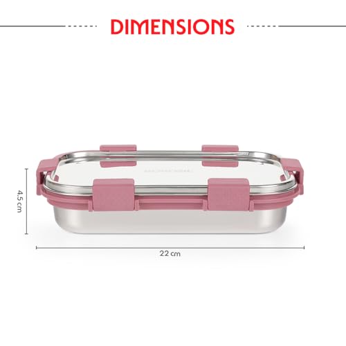 Image of Borosil Stainless Steel Slim Lunch Box | 700 ml + 125 ml Container Set | Airtight, Leakproof, Dishwasher Safe | Portable Kids Tiffin | 1 Year Warranty | Pink