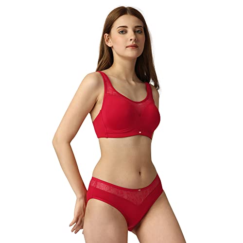Image of SOIE Women's Full Coverage Padded Bra and Mid Rise Brief with Lace Detailing