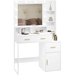 Estanteria Tocador WOLTU Tocador Maquillaje con Luz LED y Espejo, Mesa de Maquillaje con Cajones y Estantes Abirtos, Gran Almacenaje, Mesa de Tocador Moderno, 90x40x143 cm, Blanco, Madera y Metal, MB6102ws