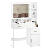 WOLTU Tocador Maquillaje con Luz LED y Espejo, Mesa de Maquillaje con Cajones y Estantes Abirtos, Gran Almacenaje, Mesa de Tocador Moderno, 90x40x143 cm, Blanco, Madera y Metal, MB6102ws