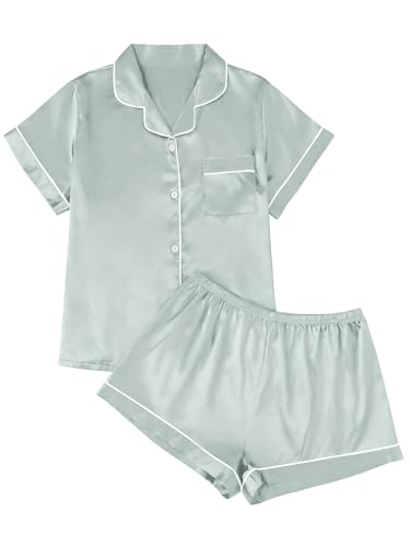 Image of LILLUSORY Silk Satin Pajama Set for Women Summer Two Piece Fall Lounge Pjs | Cozy Matching Sleepwear, Short Sleeve Button Down Shirt and Shorts, Soft Loungewear with Pocket, Cute Trendy Clothing