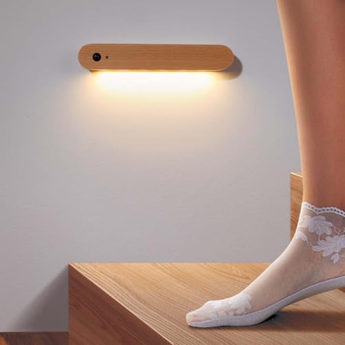 AoLa Lámpara de Pared de Madera con Detector de Movimiento, Luz de Pared Recargable LED con Interruptor Luz de Noche inalámbrica Aplique Recargable USB magnético de 2 Caras para Interior 3000K