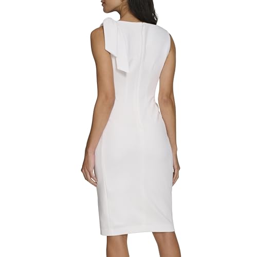 Image of Calvin Klein Women's Sleeveless Bow Shoulder Detail Knee Length Crepe Sheath Dress