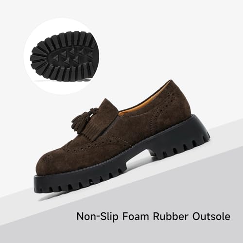 Image of BEAU TODAY Chunky Loafers for Women, Women's Leather Platform Loafers, Lug Sole Tassel Slip On Loafers Shoes Brogues Wingtip Casual Business Shoes Comfortable Dressy