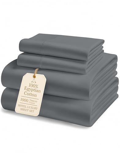 100% Egyptian Cotton King Sheet Set – Premium 1000 Thread Count Naturally Cooling & Breathable King Sheets, Authentic Long-Staple Cotton for Lasting Softness, Snug Fit 15' Deep Pocket Fitted -Charcoal