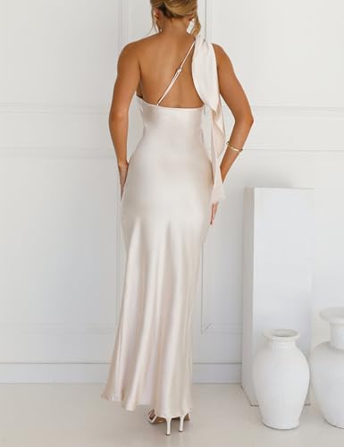 Image of 2026 Satin One Shoulder Maxi Dress for Women Summer Silk Formal Elegant Backless Ruffle Sleeveless Wedding Guest Dresses