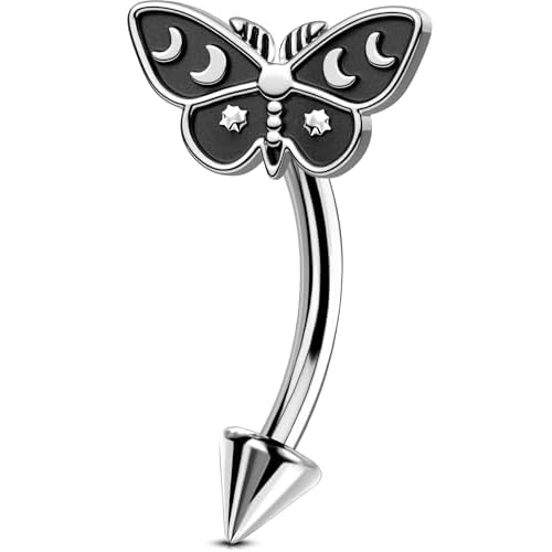 OUFER Halloween Moth Rook Eyebrow Piercing Jewelry, 316L Surgical Steel Rook Earrings for Women Men, Spooky Eyebrow Rings, 16G Curved Barbells, Halloween Body Piercing Jewelry-8mm Silver 16G