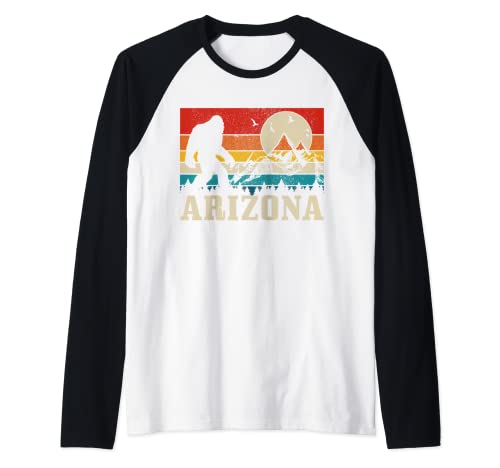 Arizona Bigfoot Hunter Vintage Montañas Senderismo Camping Regalo Camiseta Manga Raglan