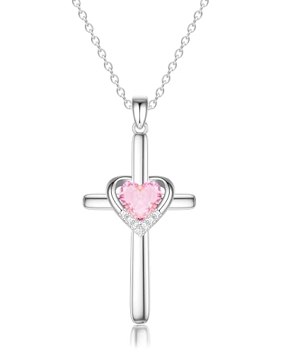 Image of MIDDLUX Valentines Day Gifts - Cross Necklace with Genuine Heart Birthstone for Women, Faith and Love, Birthday Gifts for Her