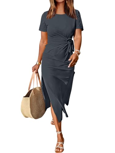 ANRABESS Women's 2026 Summer Maxi Tshirt Dress Short Sleeve Crewneck Tie Waist Casual Slim Fit Slit Spring Long Beach Dresses Gray Green X-Large