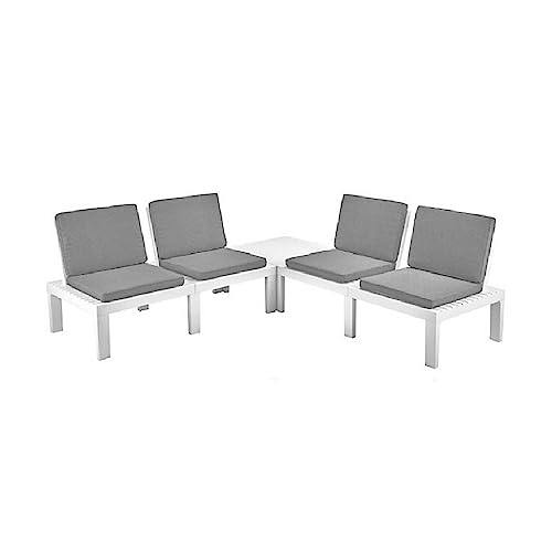 Sunlit Haven 'Molok' - Juego de mesa y sillas de jardín de 4 piezas, color blanco, juego de comedor de jardín al aire libre para 4 personas con cojines, mesa y sillas de 4 plazas resistentes a la