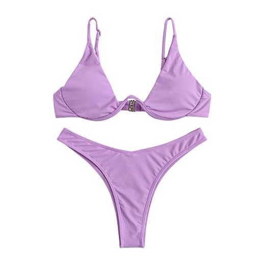 Verdusa Women's Sexy Triangle Bathing Two Pieces Swimsuit Bikini Set Lavender L