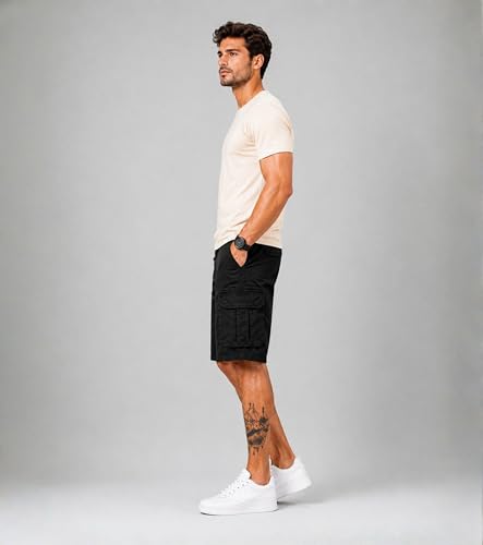 Image of L'MONTE Men's Imported Cotton Casual Relaxed Fit Outwear Cargo Shorts with Expandable Elastic Waist and Multi Pockets