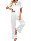 Ekouaer Satin Pajamas Long Pants Women Short Sleeve Sleepwear Two-Piece Button-Down Pj Wide Leg Long Pants Set White
