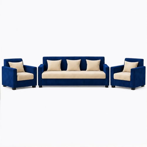 Image of FURNY Lexon 3 Seater + 1 Seater + 1 Seater Fabric Sofa Set (Dark Blue-Cream) with Velvet Finish | Durable Comfort | Ideal for Living Room