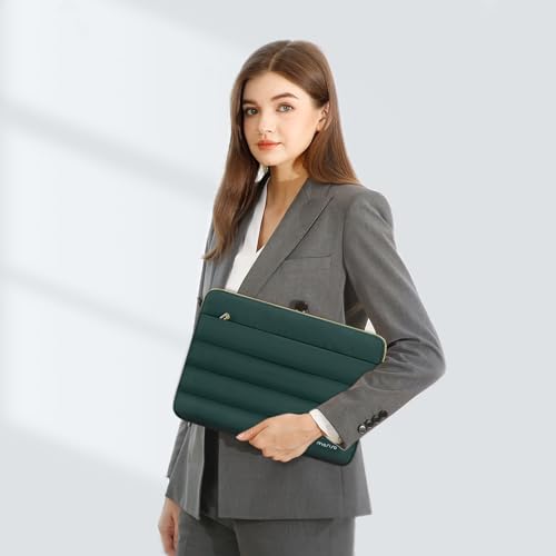 Image of MOSISO 13-14 inch Laptop Case, 13.3 inch Puffy Laptop Sleeve Compatible with MacBook Air 13 13.6 M3 M2 M1 /Pro 13 /Pro 14, HP, Dell, ASUS, Lenovo, Polyester Horizontal Bag with Small Case, Peacock Green
